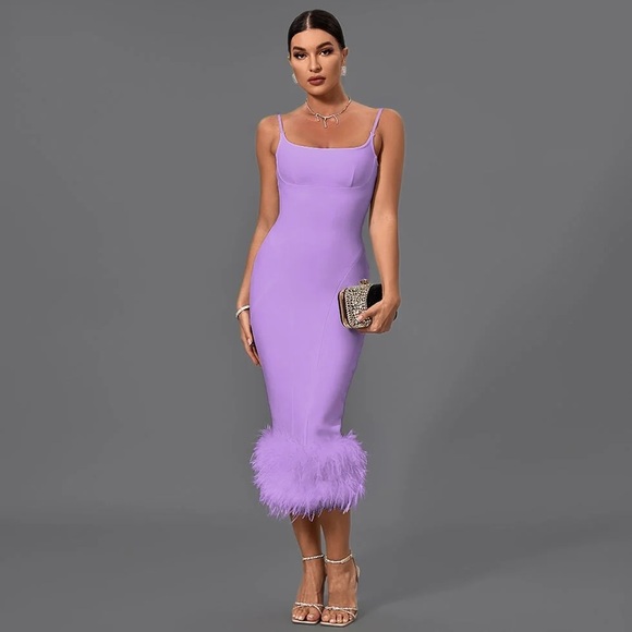 Elegant Deep Lavender Bandage Body-Con Midi Dress with Feather Detail.  NWT. - Picture 2 of 4